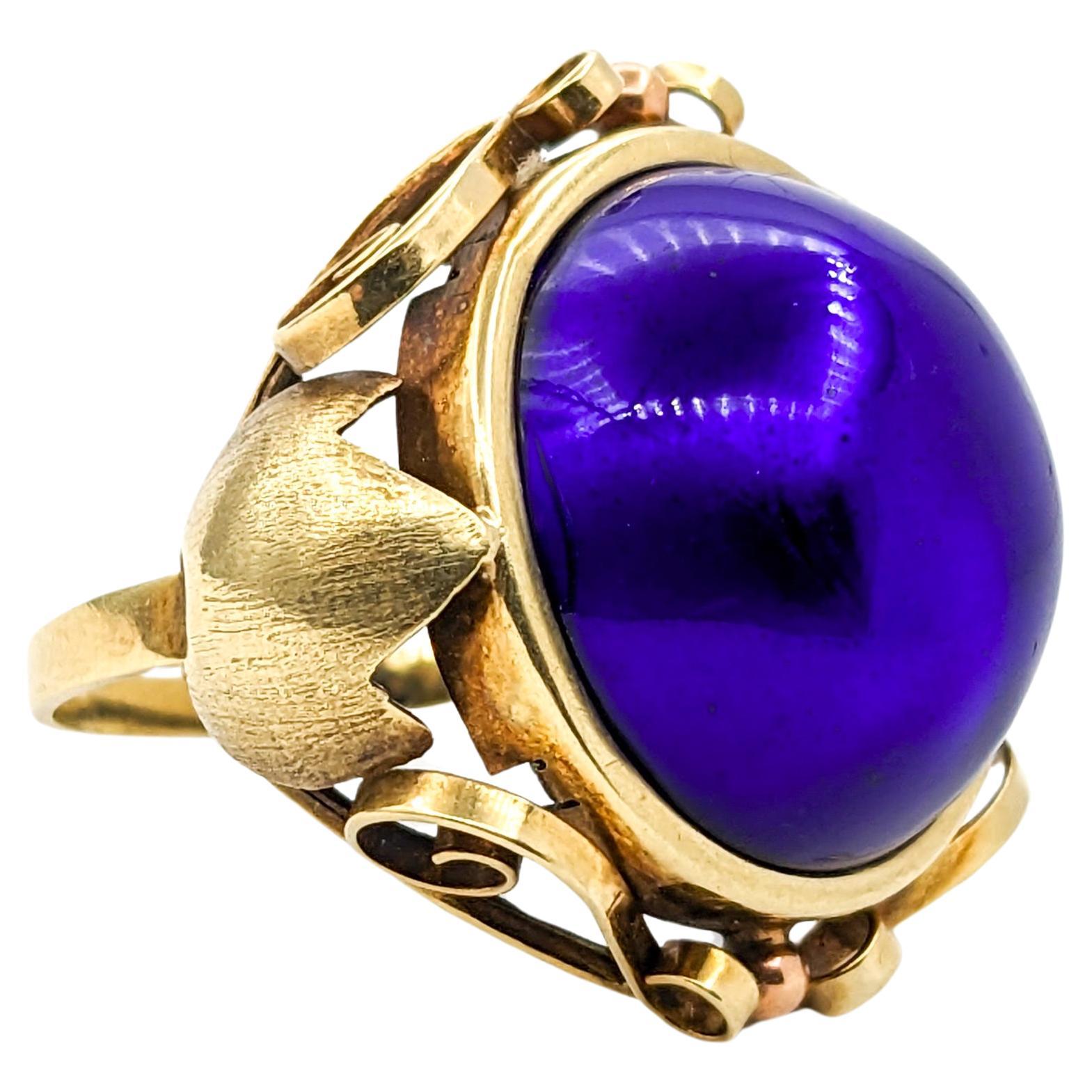 Vintage Blue Enameled Dome Ring In Yellow Gold For Sale