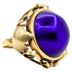 Vintage Blue Enameled Dome Ring In Yellow Gold