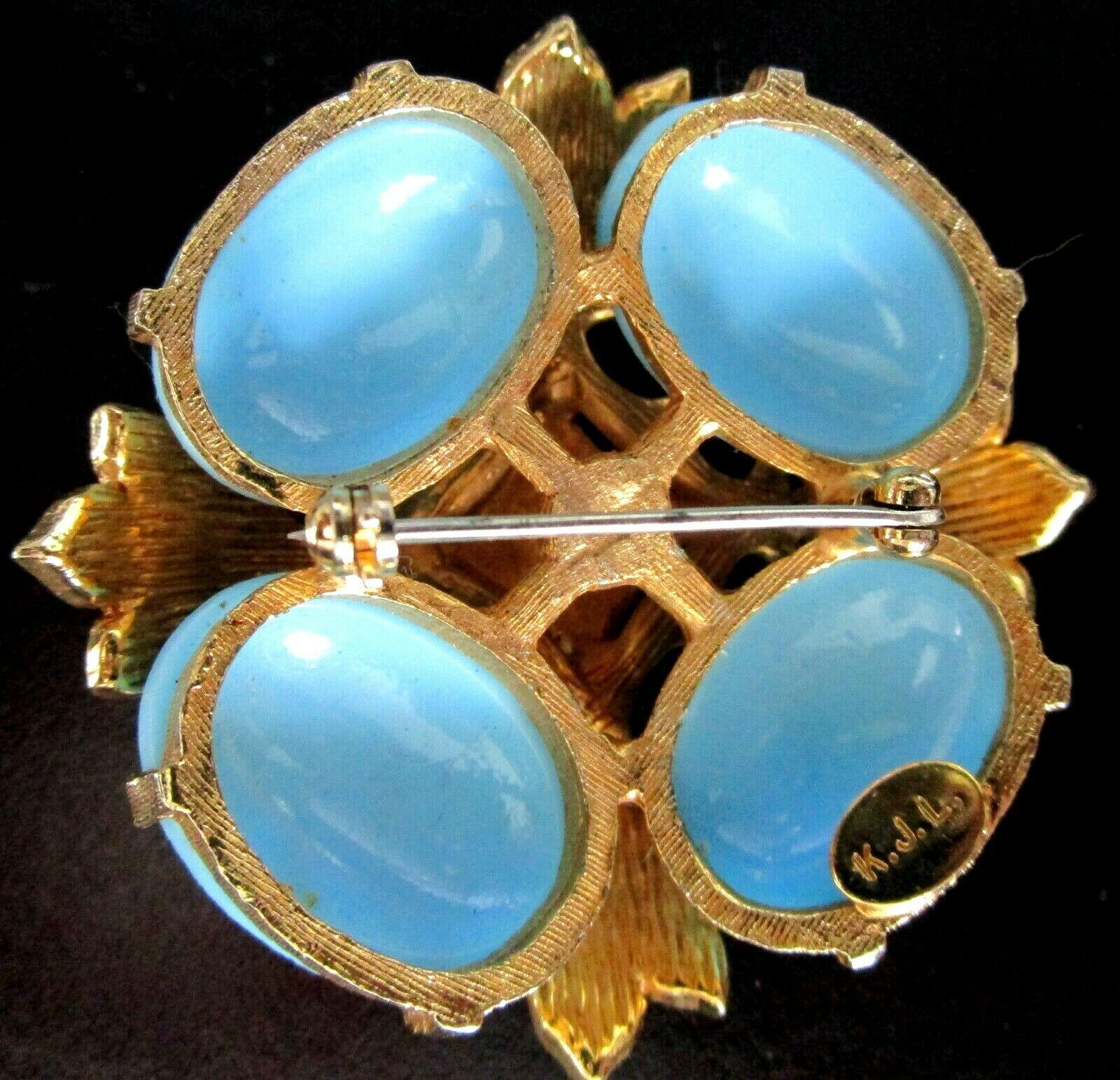 Robin’s Egg Blue Round Cabochon Brooch encrusted with Sparkling Ice Rhinestones. Pin measures approx. 2