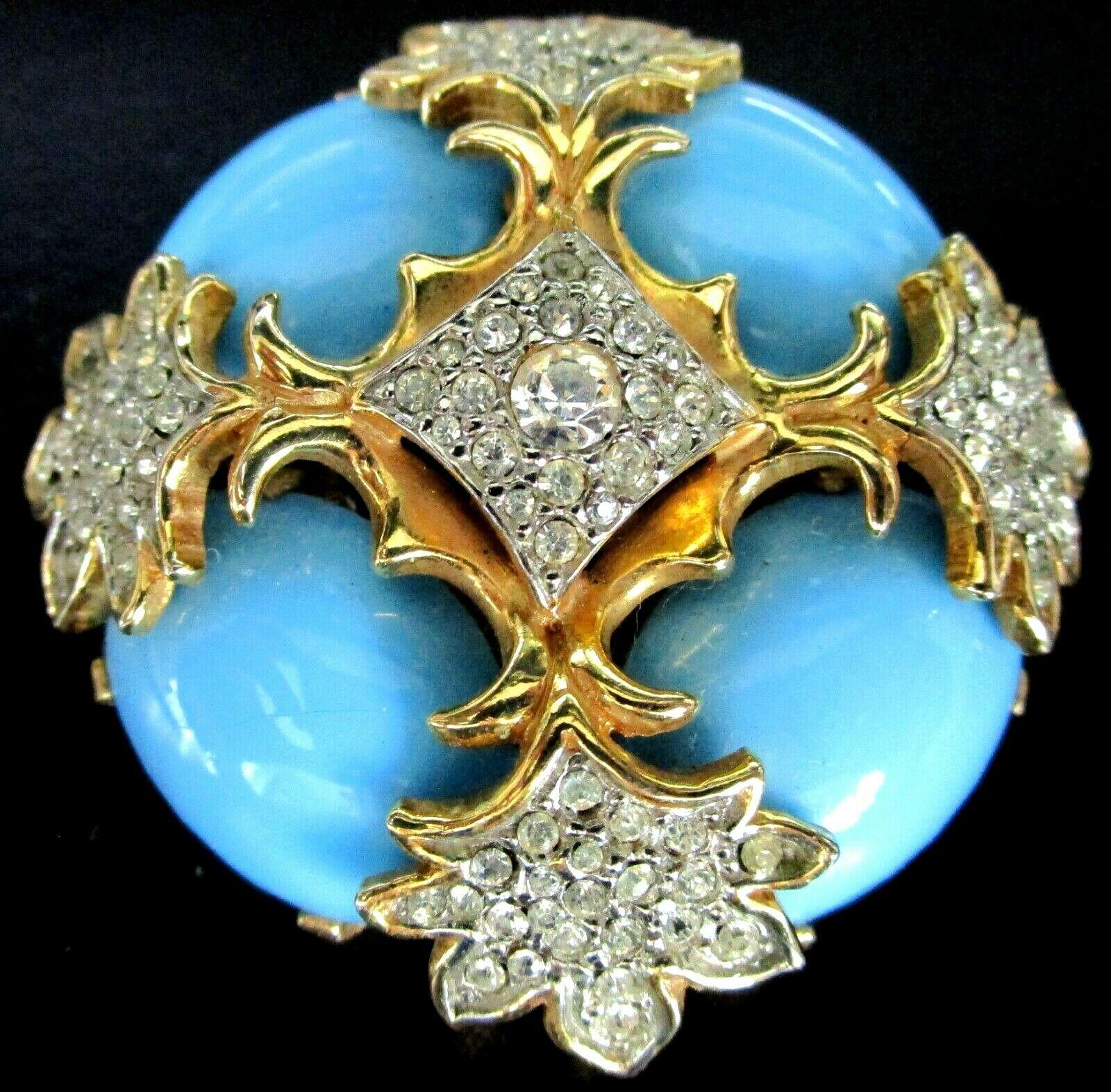 Vintage Blue Faux Turquoise and Rhinestone Cross Kenneth Jay Lane Brooch Pin KJL In Excellent Condition In Montreal, QC