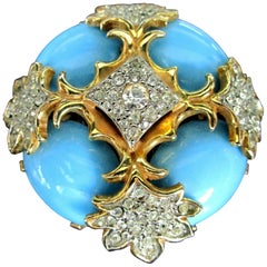 Vintage Blue Faux Turquoise and Rhinestone Cross Kenneth Jay Lane Brooch Pin KJL