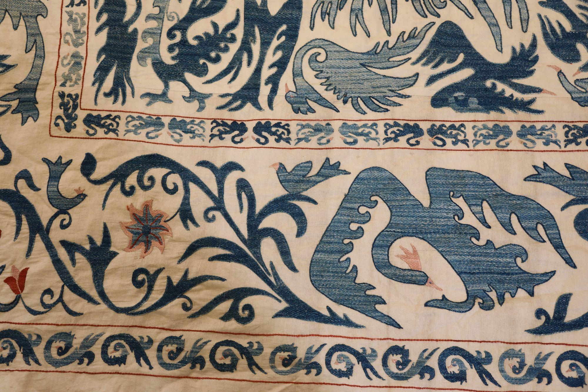 Vintage Blue Floral and Birds Suzani Uzbek Embroidered Textile For Sale 4