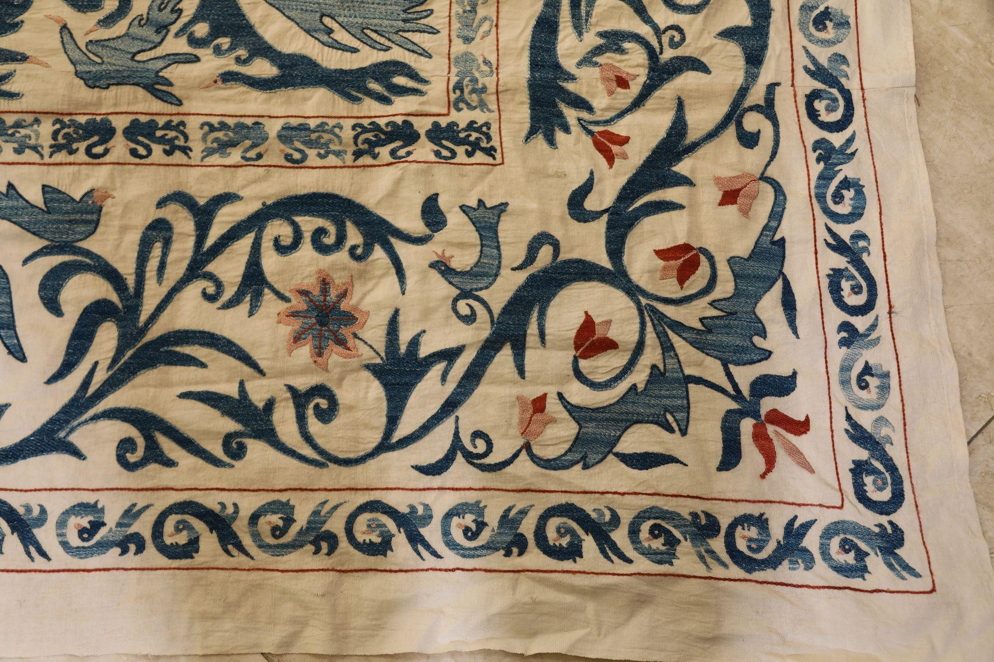 Vintage Blue Floral and Birds Suzani Uzbek Embroidered Textile For Sale 5
