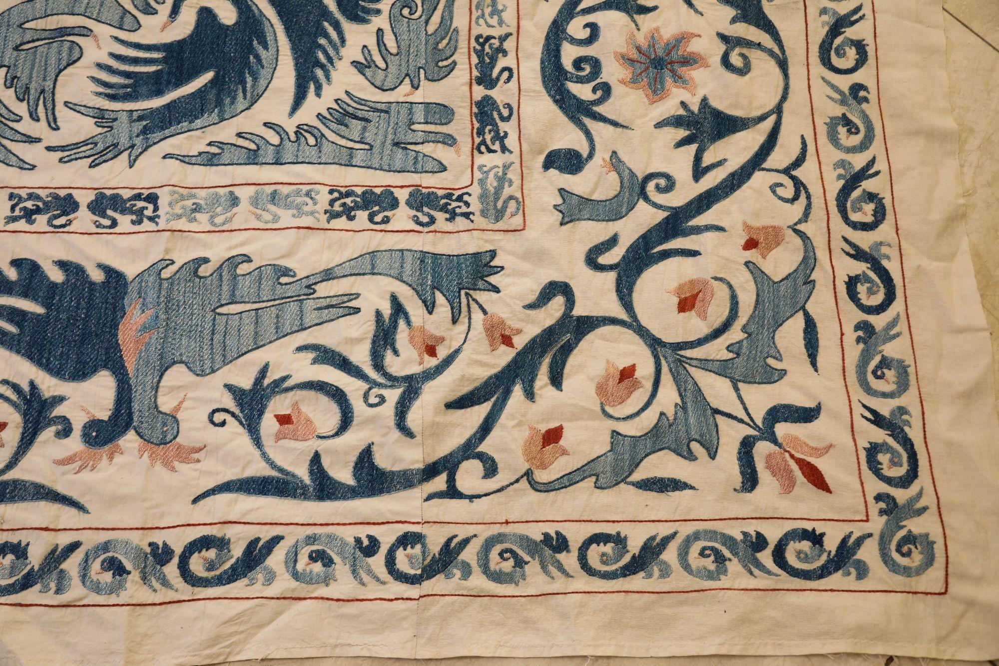 Vintage Blue Floral and Birds Suzani Uzbek Embroidered Textile For Sale 6