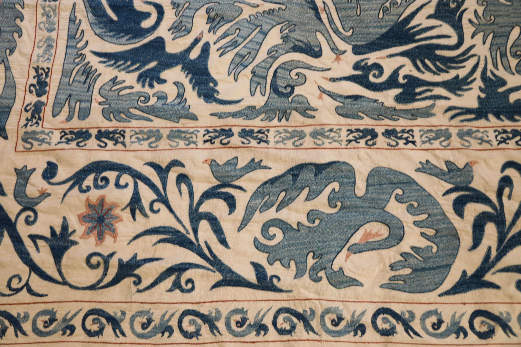 Vintage Blue Floral and Birds Suzani Uzbek Embroidered Textile For Sale 7