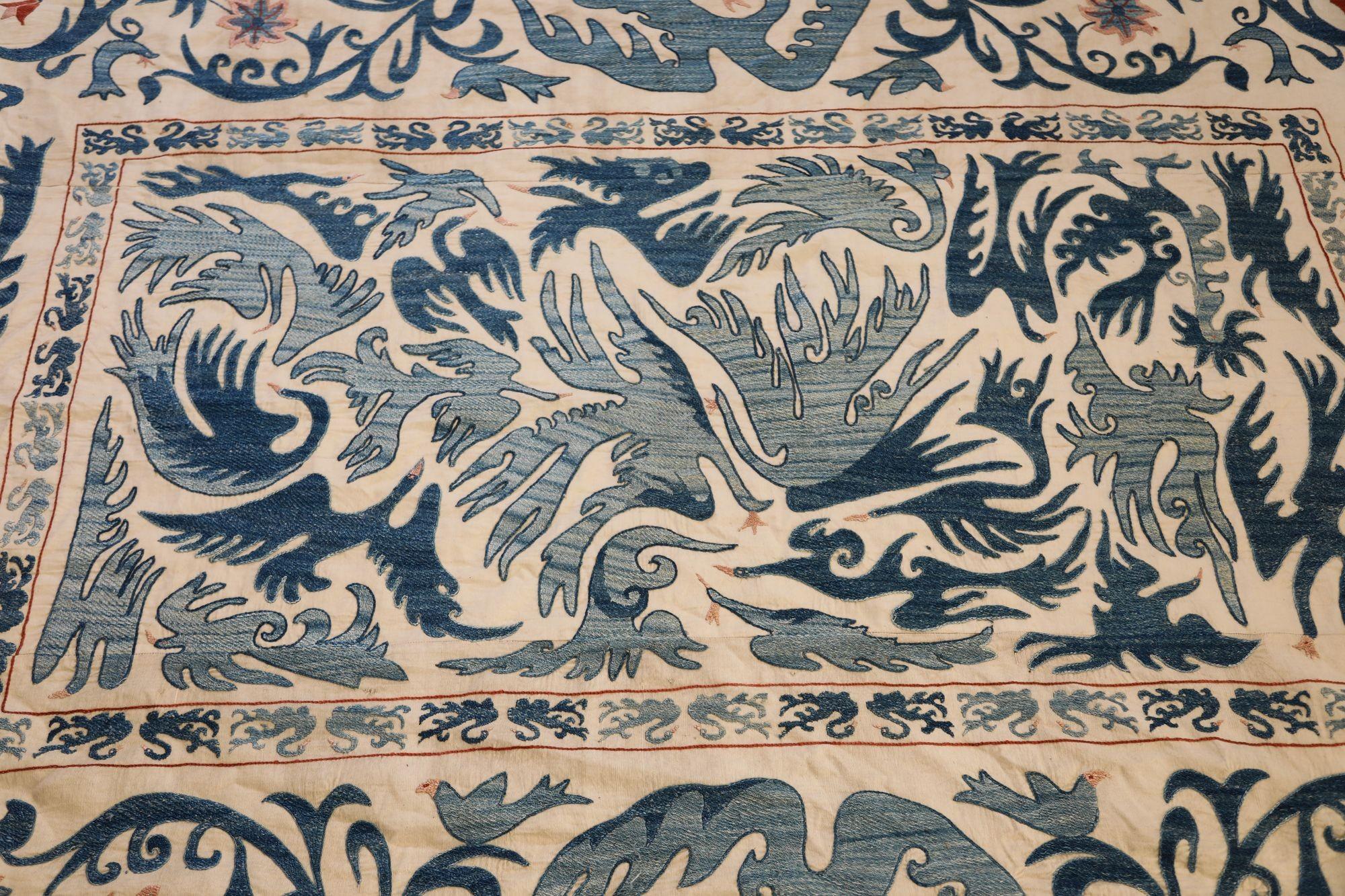 Vintage Blue Floral and Birds Suzani Uzbek Embroidered Textile For Sale 8