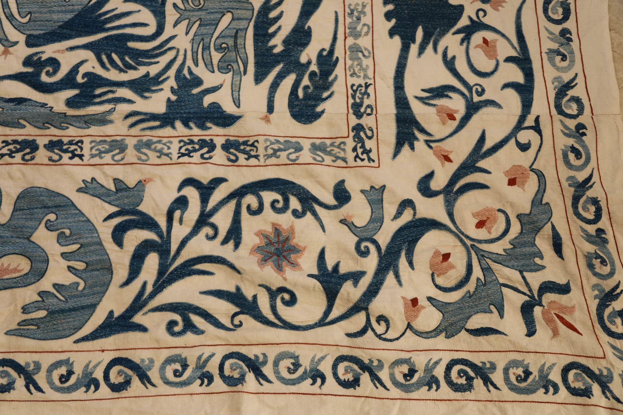 Vintage Blue Floral and Birds Suzani Uzbek Embroidered Textile For Sale 9
