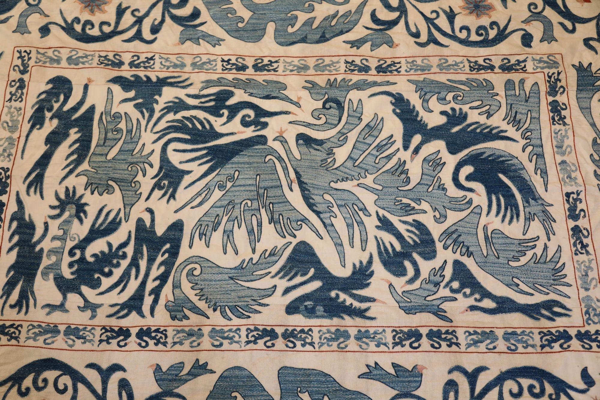 Vintage Blue Floral and Birds Suzani Uzbek Embroidered Textile For Sale 10