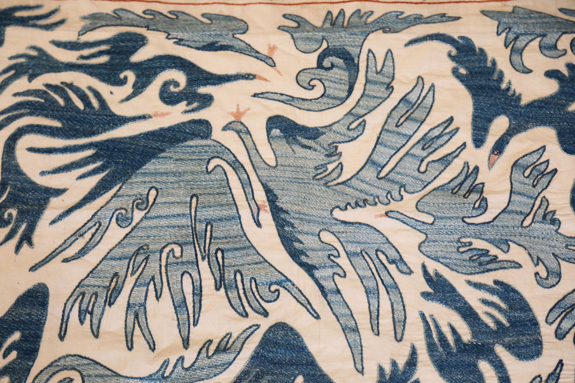 Vintage Blue Floral and Birds Suzani Uzbek Embroidered Textile For Sale 11