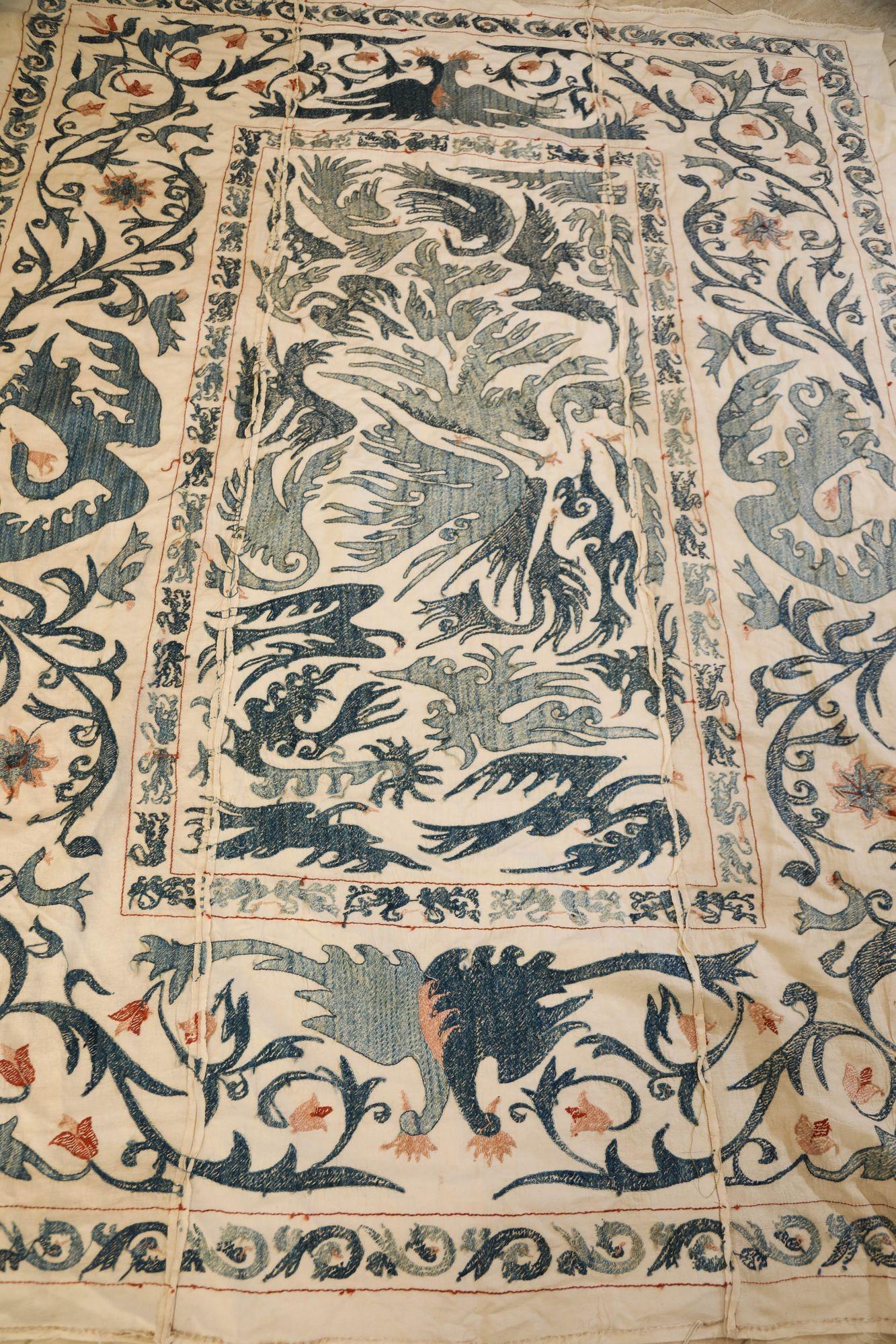 Vintage Blue Floral and Birds Suzani Uzbek Embroidered Textile For Sale 12