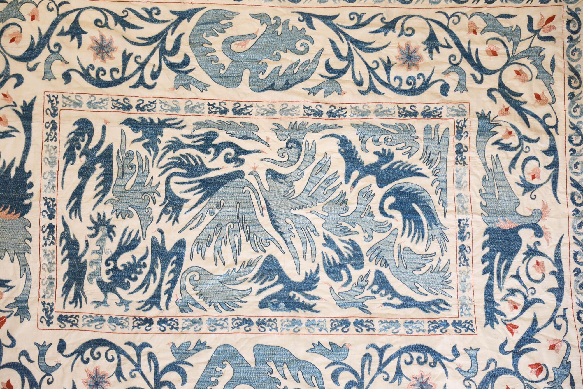 Vintage Blue Floral and Birds Suzani Uzbek Embroidered Textile For Sale 13