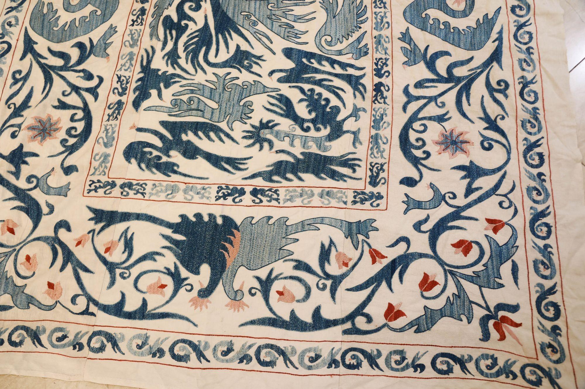 Islamic Vintage Blue Floral and Birds Suzani Uzbek Embroidered Textile For Sale