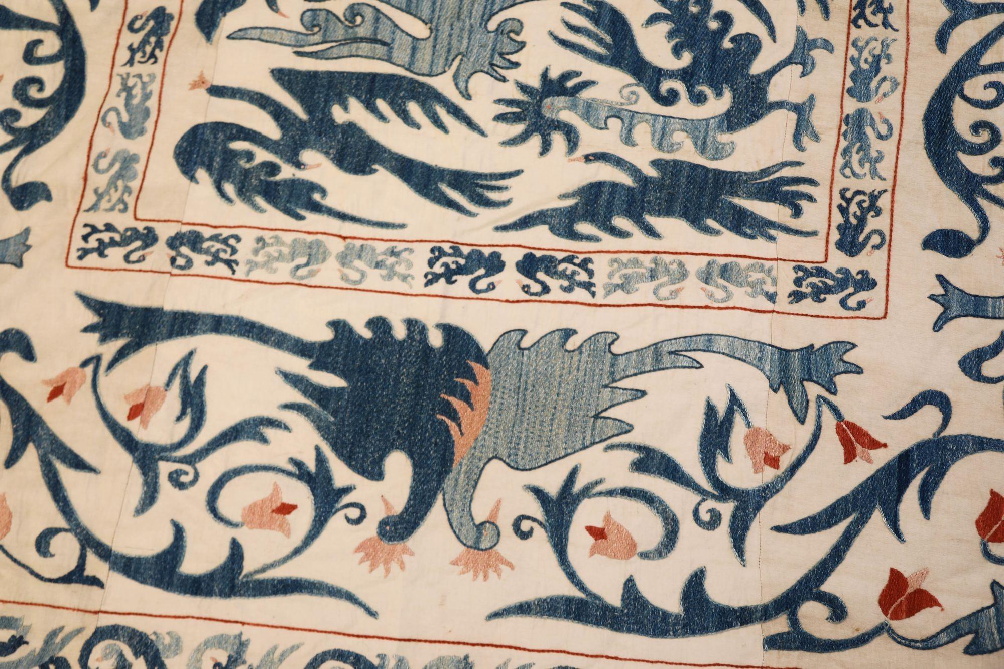 Hand-Crafted Vintage Blue Floral and Birds Suzani Uzbek Embroidered Textile For Sale