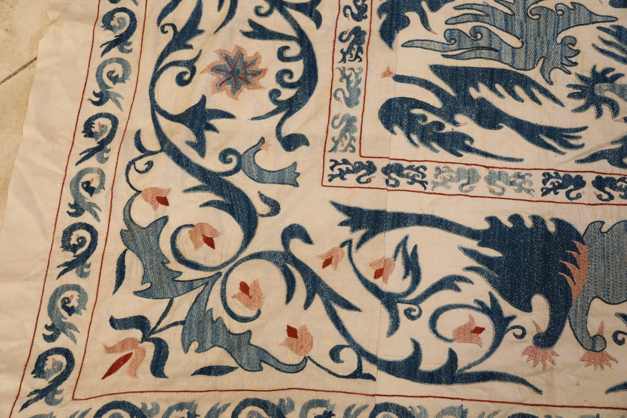 Vintage Blue Floral and Birds Suzani Uzbek Embroidered Textile In Good Condition For Sale In North Hollywood, CA