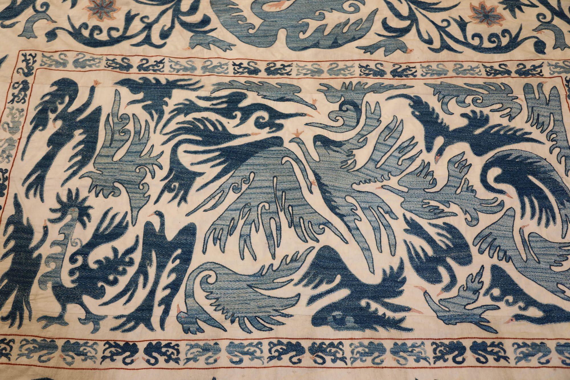 20th Century Vintage Blue Floral and Birds Suzani Uzbek Embroidered Textile For Sale