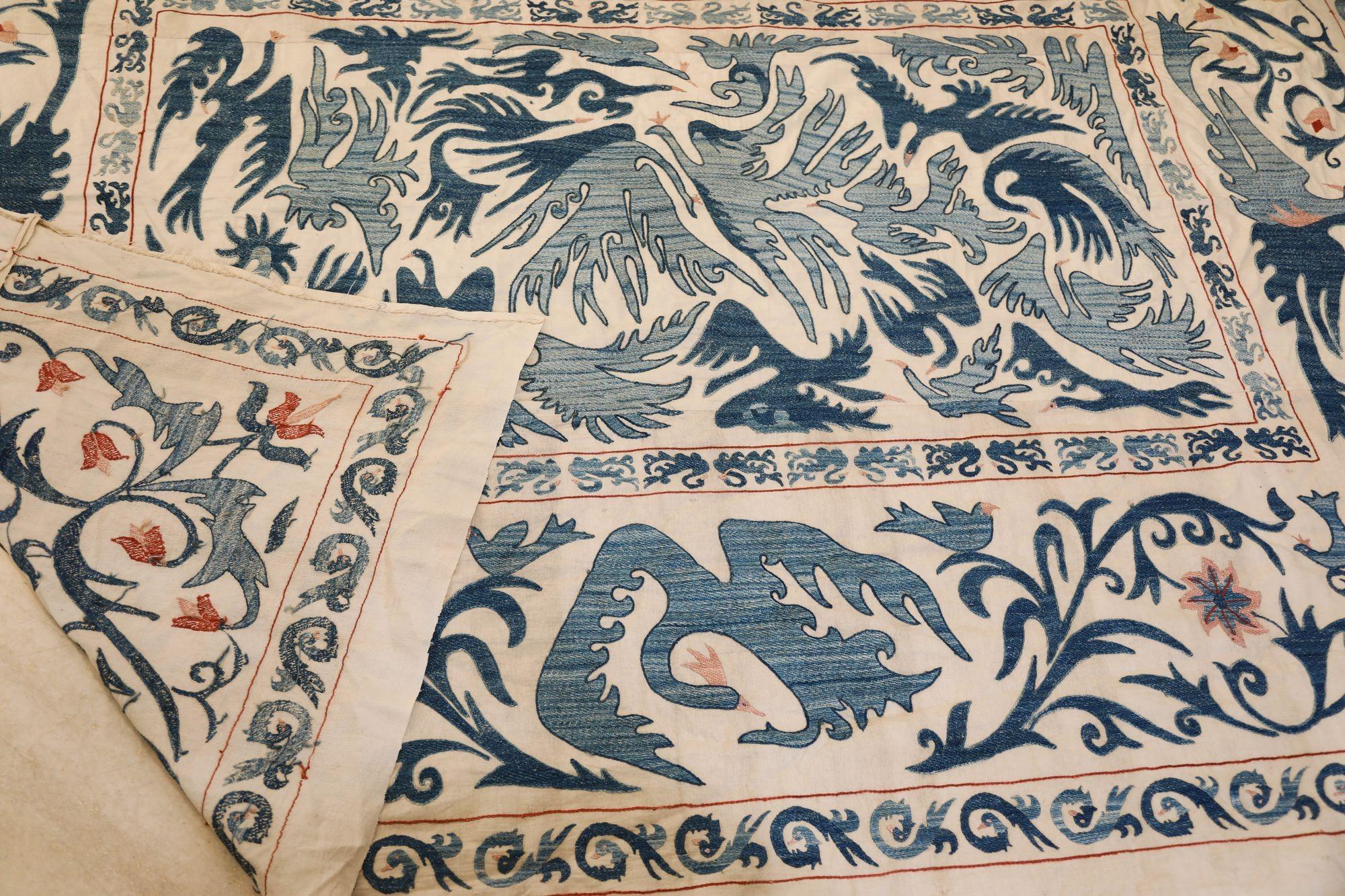Vintage Blue Floral and Birds Suzani Uzbek Embroidered Textile For Sale 1