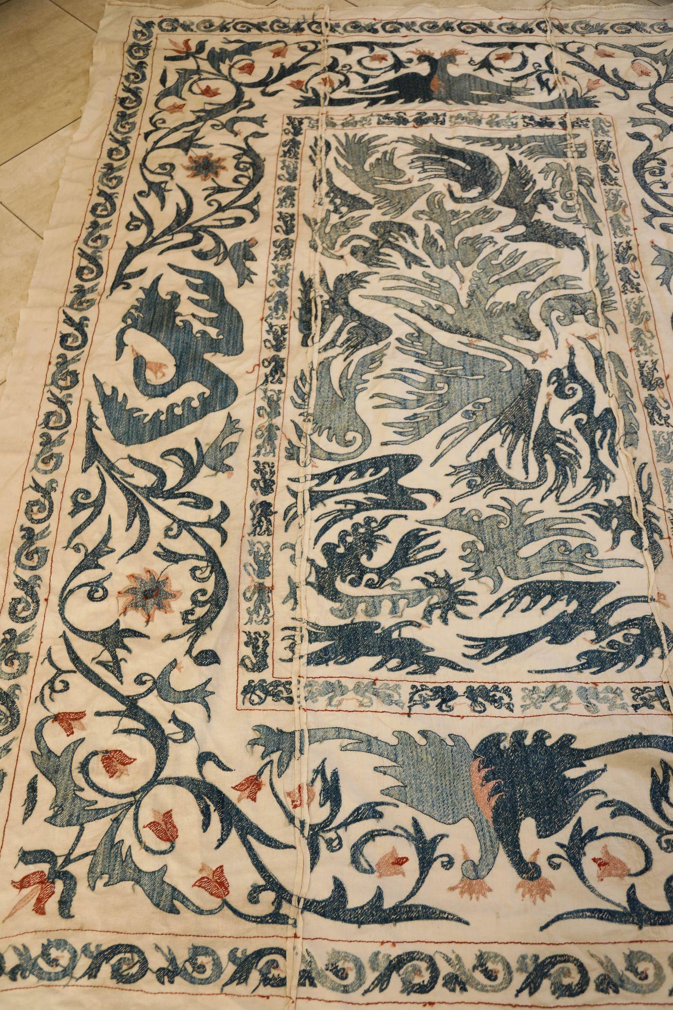 Vintage Blue Floral and Birds Suzani Uzbek Embroidered Textile For Sale 2