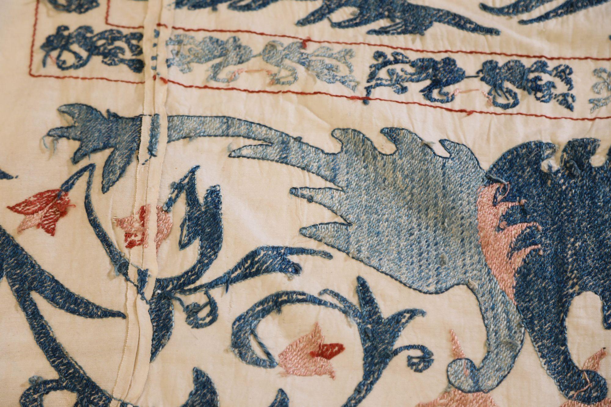 Vintage Blue Floral and Birds Suzani Uzbek Embroidered Textile For Sale 3