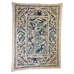 Vintage Blau Blumen und Vögel Suzani Usbekisch gestickten Textil