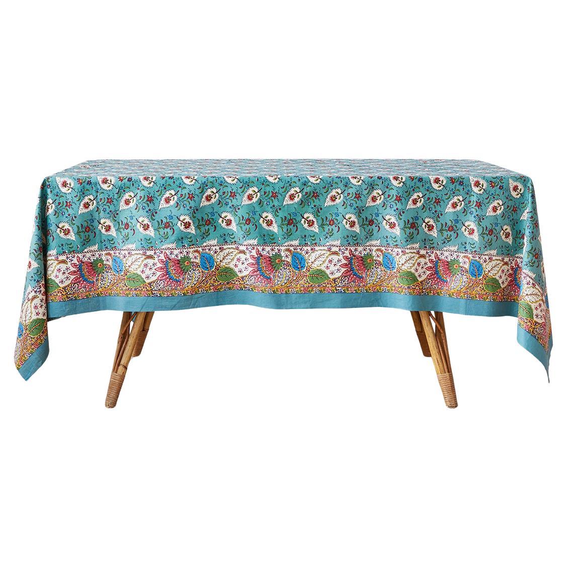 Vintage Blue Floral Patterned Tablecloth in Vintage Textile, France, 1960s For Sale