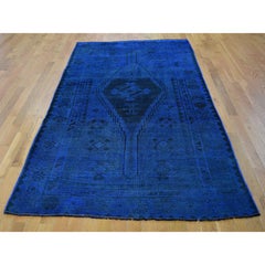 Vintage Blue Gallery Size Overdyed Persian Shiraz Worn Down Handknotted Wool Rug