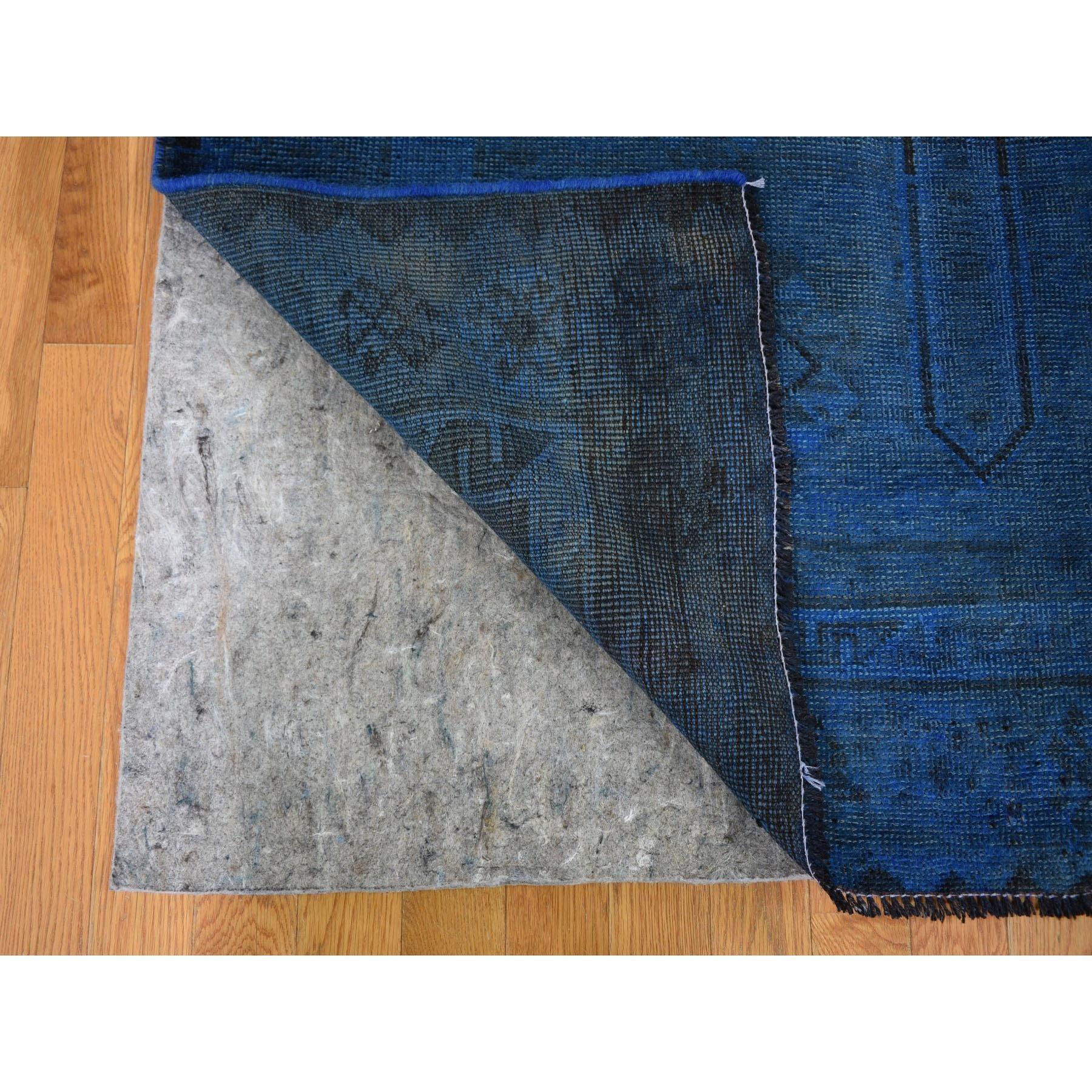 Medieval Vintage Blue Gallery Size Overdyed Persian Shiraz Worn Down Handknotted Wool Rug For Sale