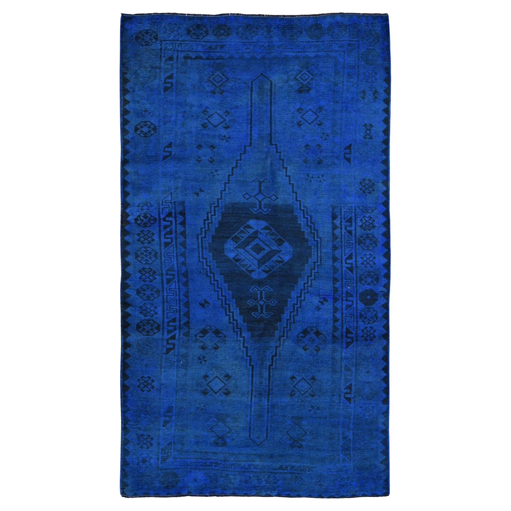 Vintage Blue Gallery Size Overdyed Persian Shiraz Worn Down Handknotted Wool Rug For Sale