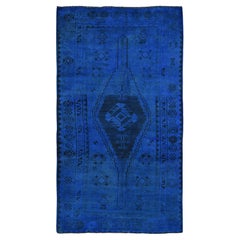 Retro Blue Gallery Size Overdyed Persian Shiraz Worn Down Handknotted Wool Rug