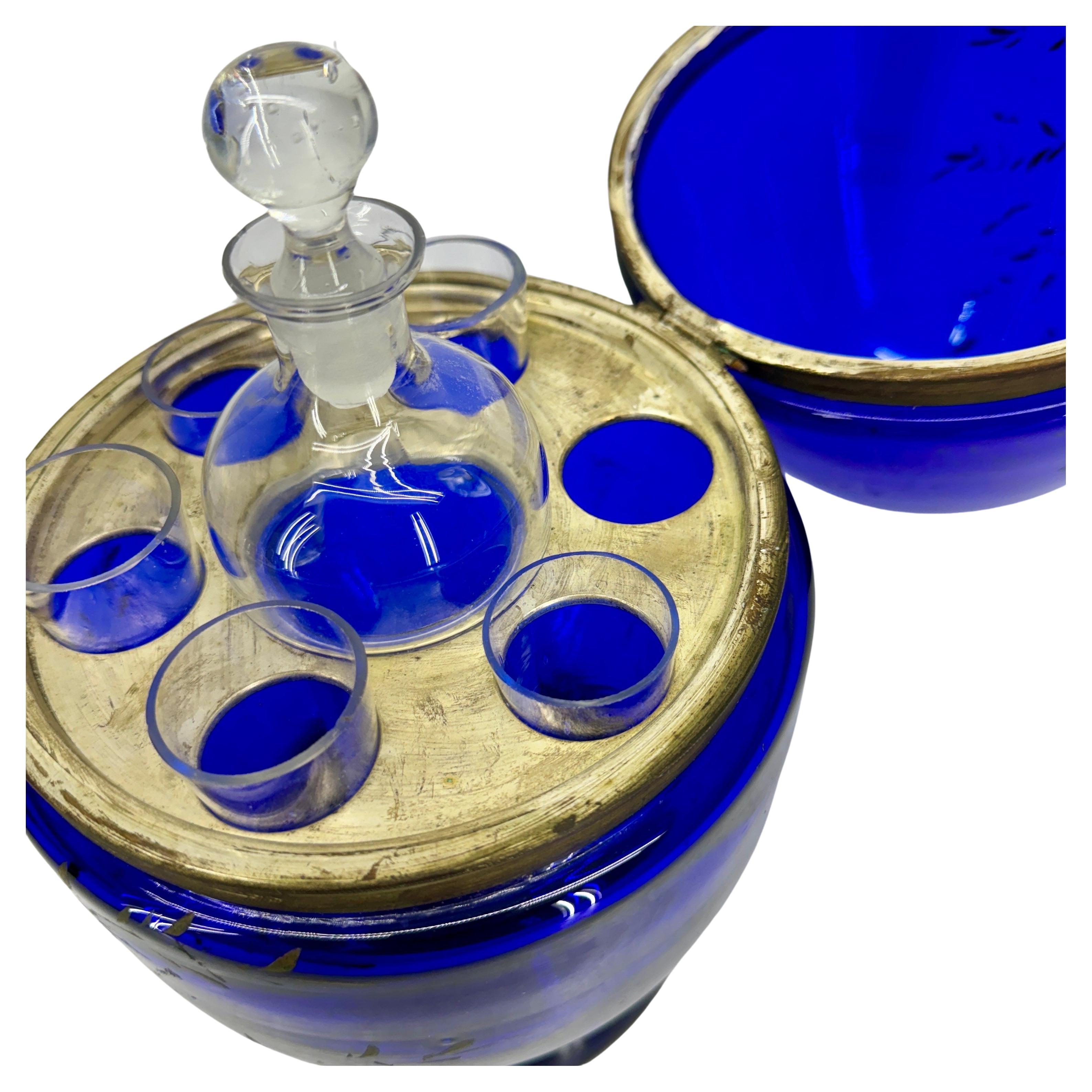 Czech Vintage Blue Glass Art Egg Domed Decanter, 1950's For Sale