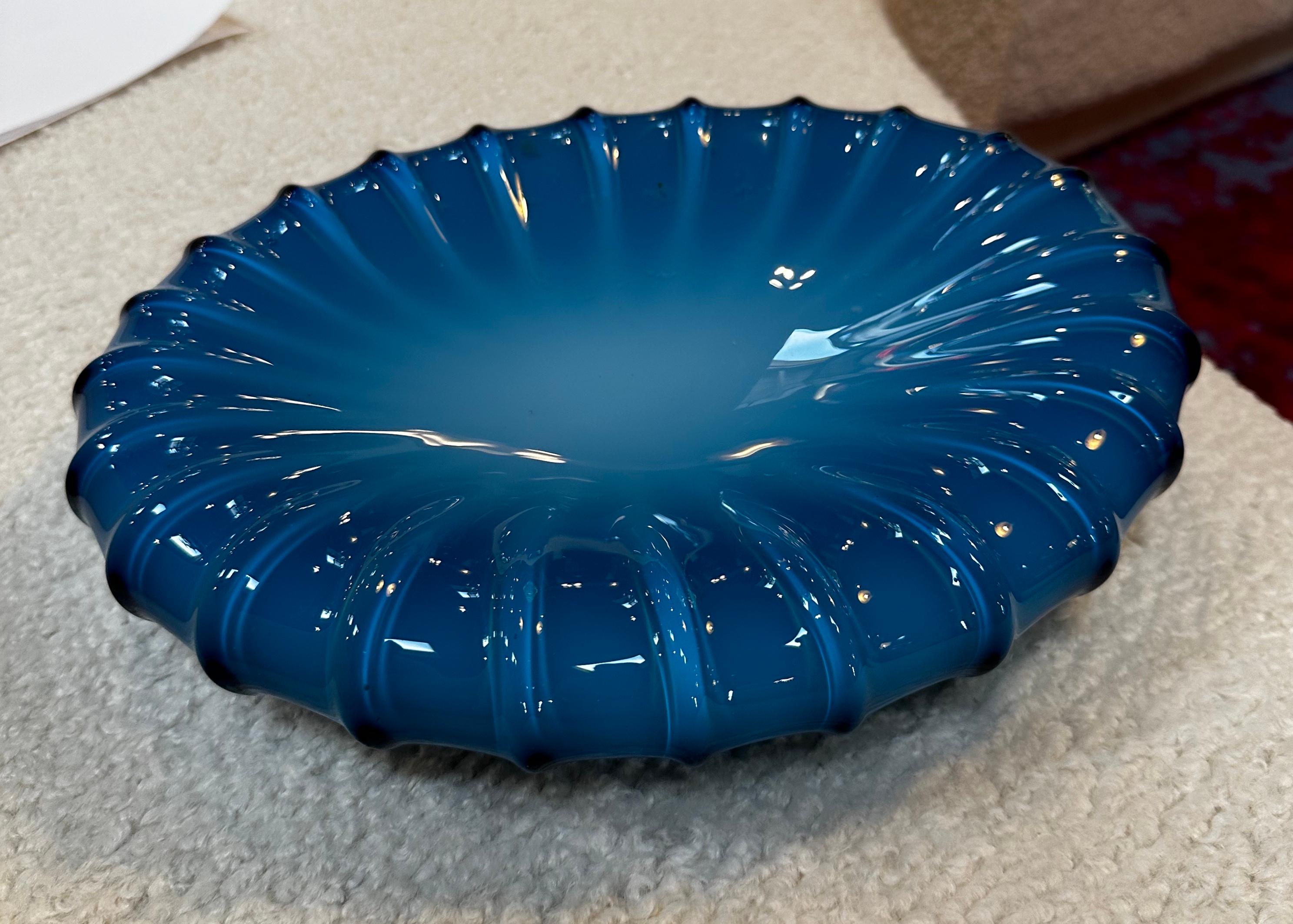 Vintage Blue Glass Bowl By Tommaso Barbi 1980s
