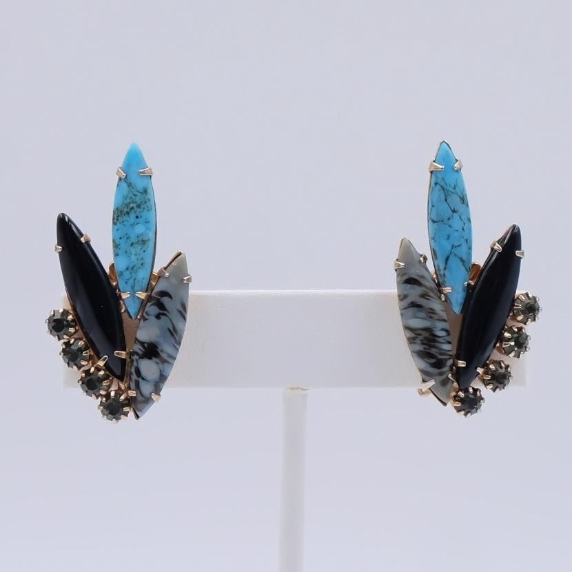 Women's or Men's Vintage Blue Glass Clip-on Earrings With Rhinestones 1950's