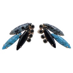 Vintage Blue Glass Clip-on Earrings With Rhinestones 1950's