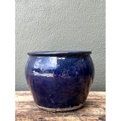 Vintage Blue Glazed Ceramic Planter