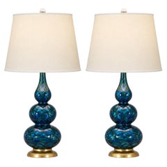 Preciosas y exclusivas lámparas de mesa vintage de cerámica esmaltada en azul – Un par