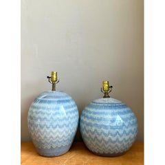 Vintage Blue Glazed Ceramic Table Lamps - Set Of 2