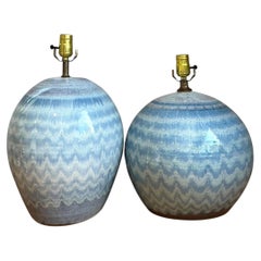 Vintage Blue Glazed Ceramic Table Lamps - Set Of 2