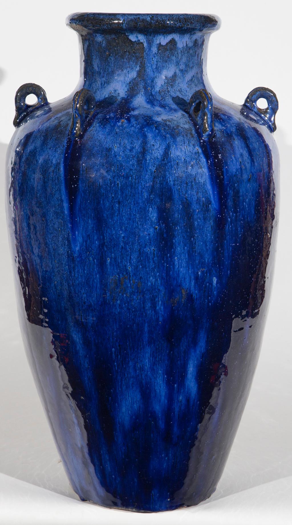 Terracotta Vintage Blue Glazed Garden Urn For Sale