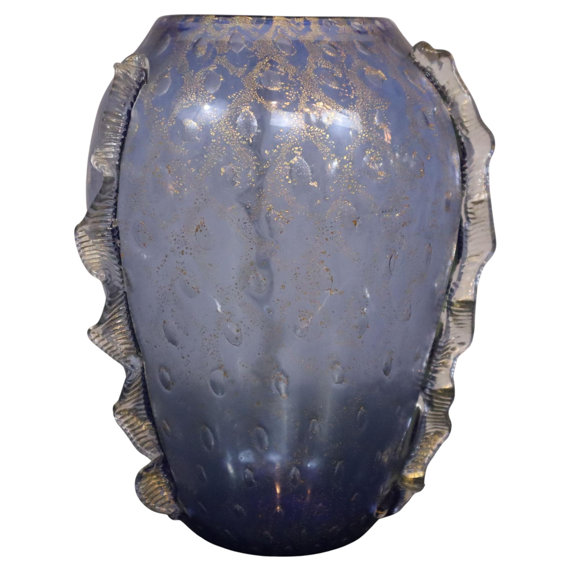 Vintage blue gold italian murano glass vase, 1980s