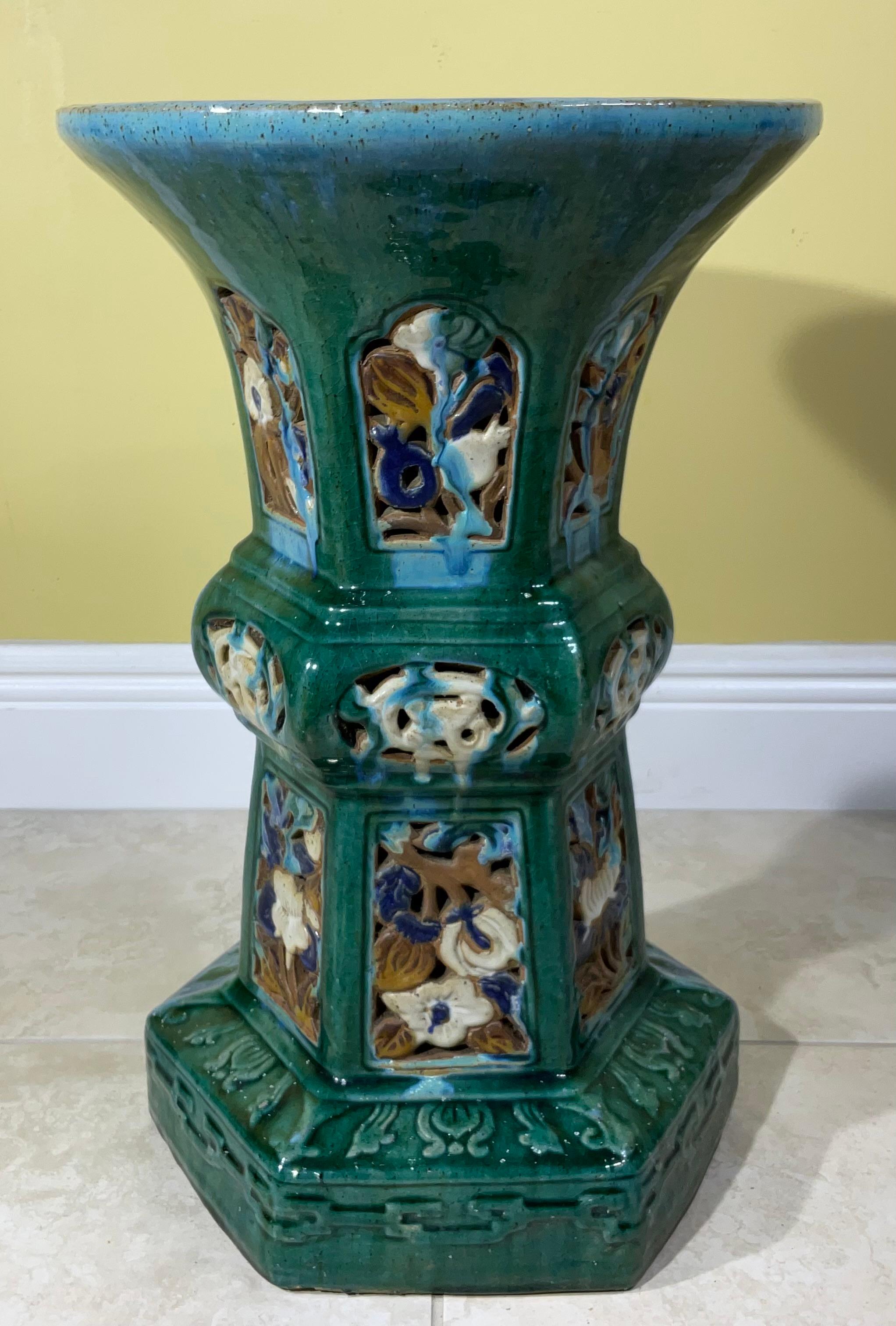 Vintage  Blue Green and Turquoise Glazed Ceramic Stool For Sale 5