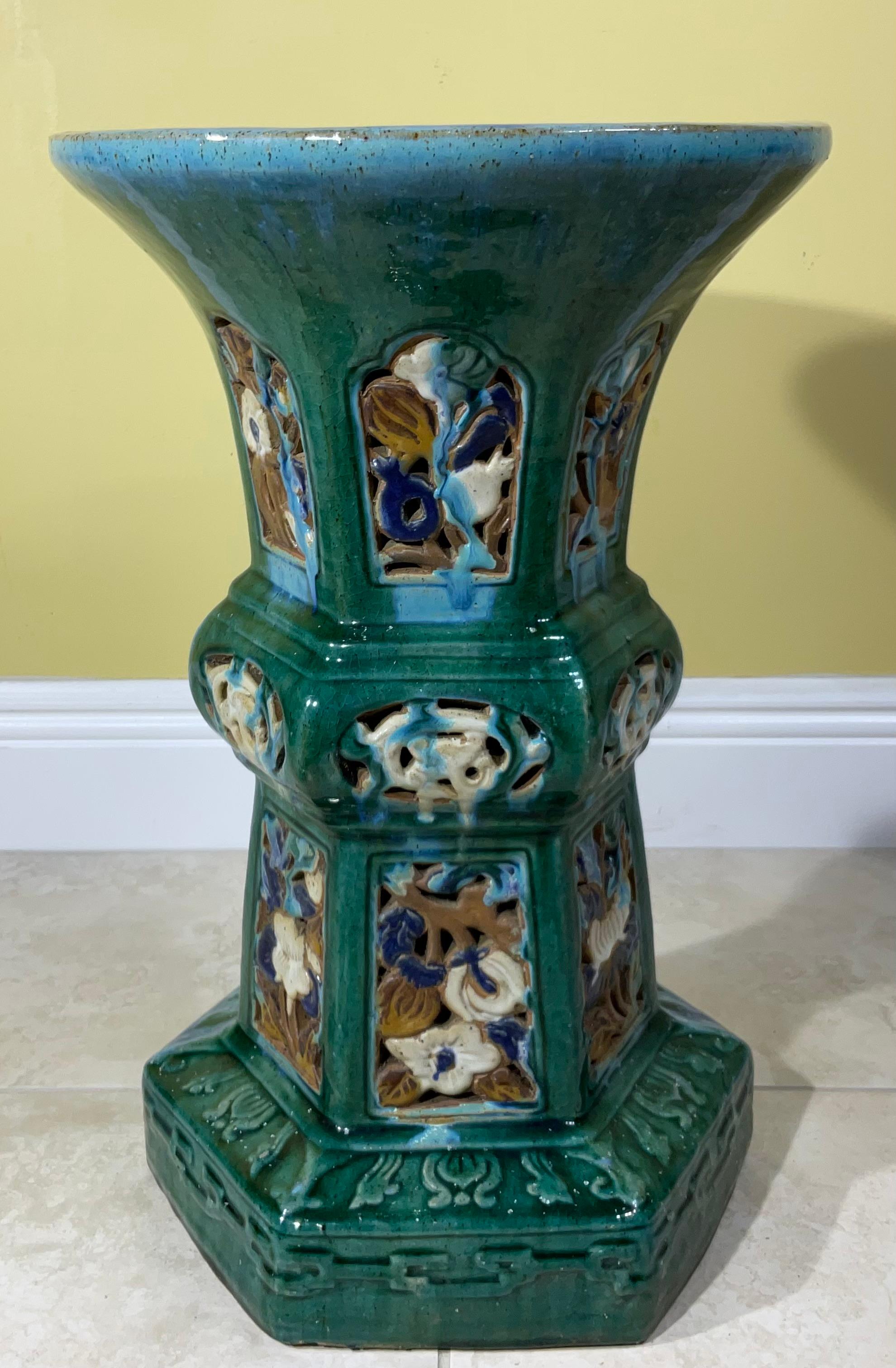 Vintage  Blue Green and Turquoise Glazed Ceramic Stool For Sale 6