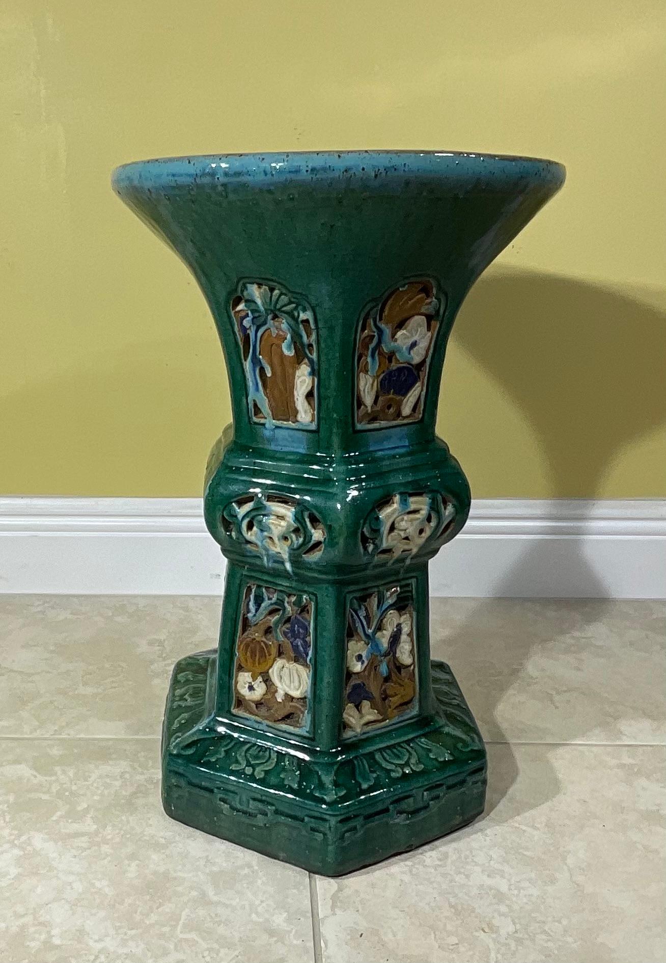 Vintage  Blue Green and Turquoise Glazed Ceramic Stool In Good Condition For Sale In Delray Beach, FL