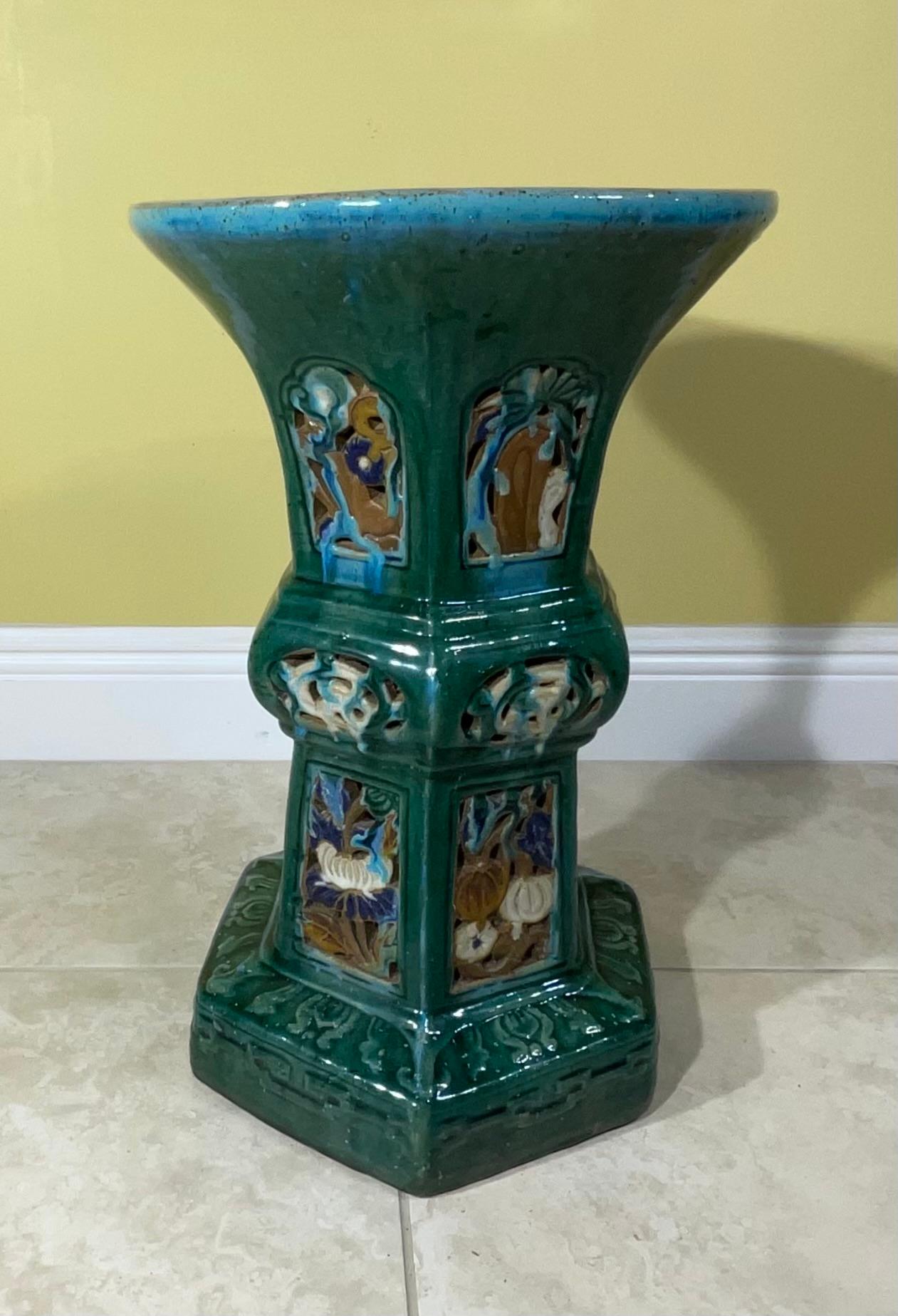 20th Century Vintage  Blue Green and Turquoise Glazed Ceramic Stool For Sale