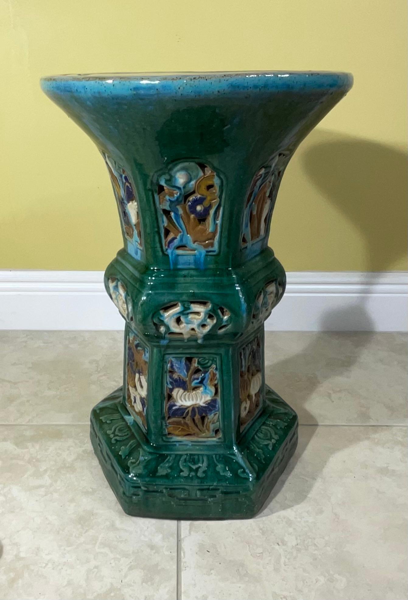 Vintage  Blue Green and Turquoise Glazed Ceramic Stool For Sale 2