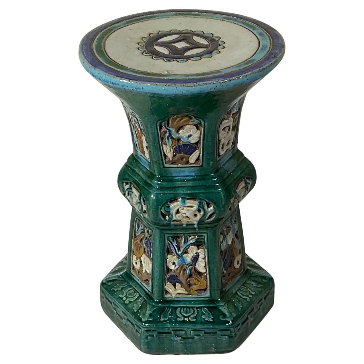 Vintage  Blue Green and Turquoise Glazed Ceramic Stool For Sale