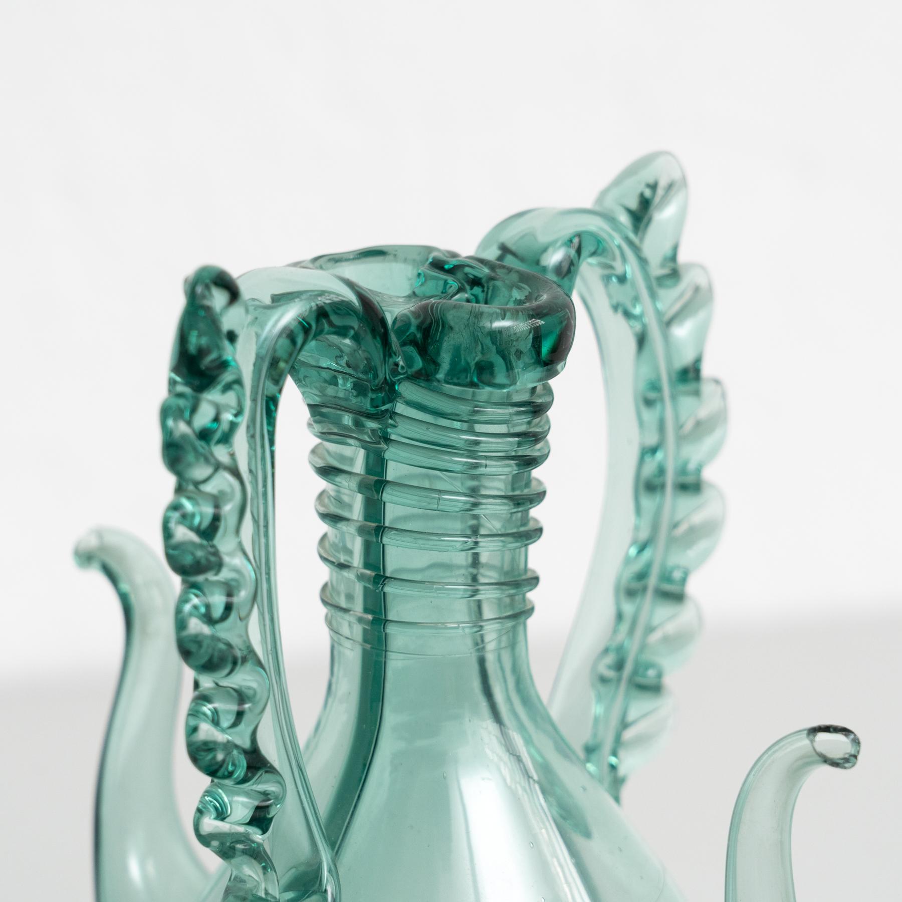 Vintage Blue - Green Blown Glass Oil Cruet - Circa 1940 For Sale 2