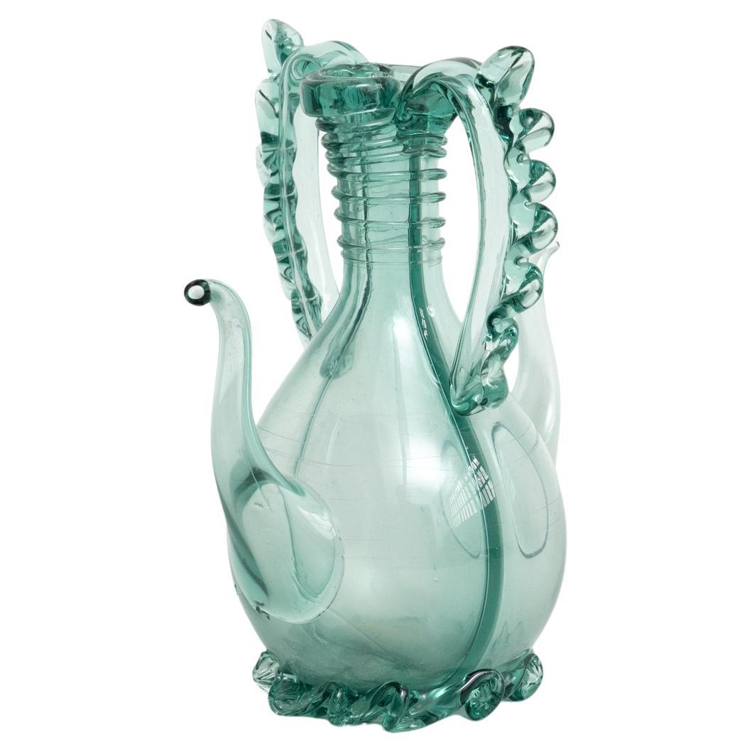 Aceitera vintage de vidrio soplado azul y verde - Circa 1940 en venta