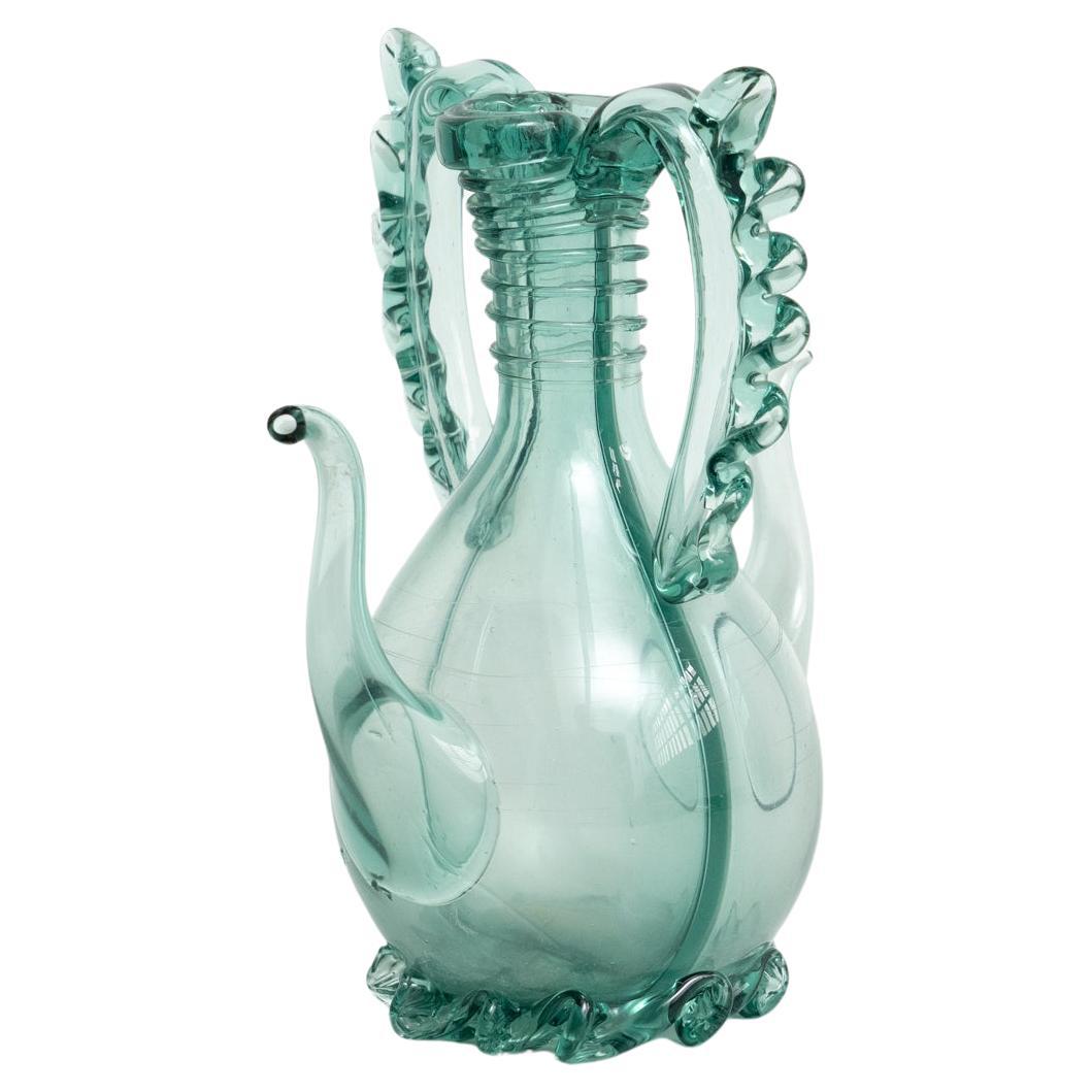 Vintage Blue - Green Blown Glass Oil Cruet - Circa 1940