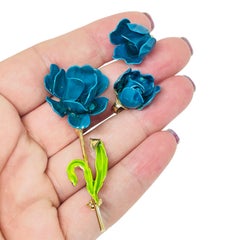 Vintage blue green enamel flower designer brooch earrings set