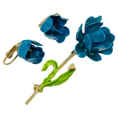 Vintage blue green enamel flower designer brooch earrings set