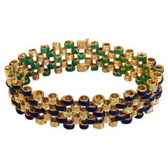 Vintage Blue Green Enamel Link Reversible Bracelet in 18k Yellow Gold